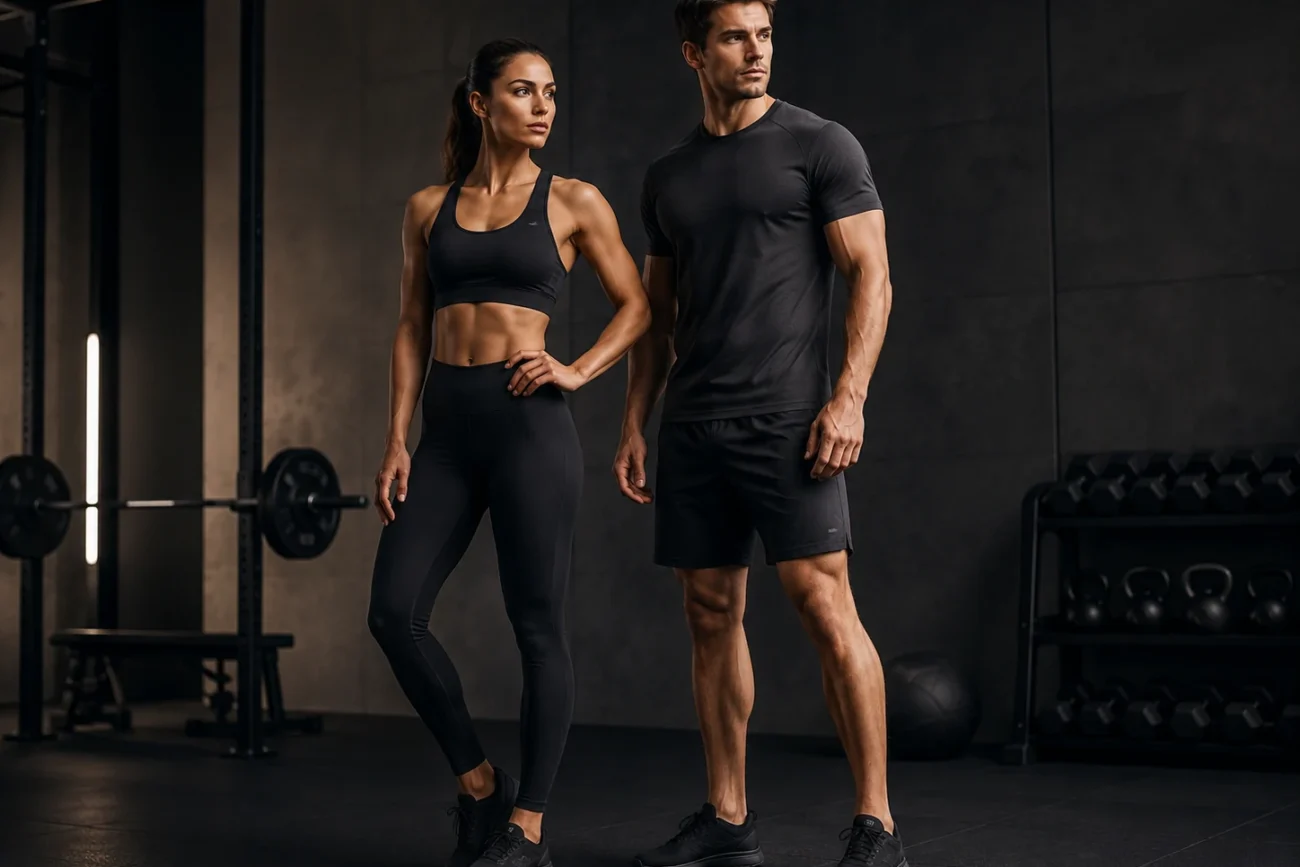 Male and female fitness models wearing custom gymwear with sports bra, leggings, T-shirt and shorts in a gym