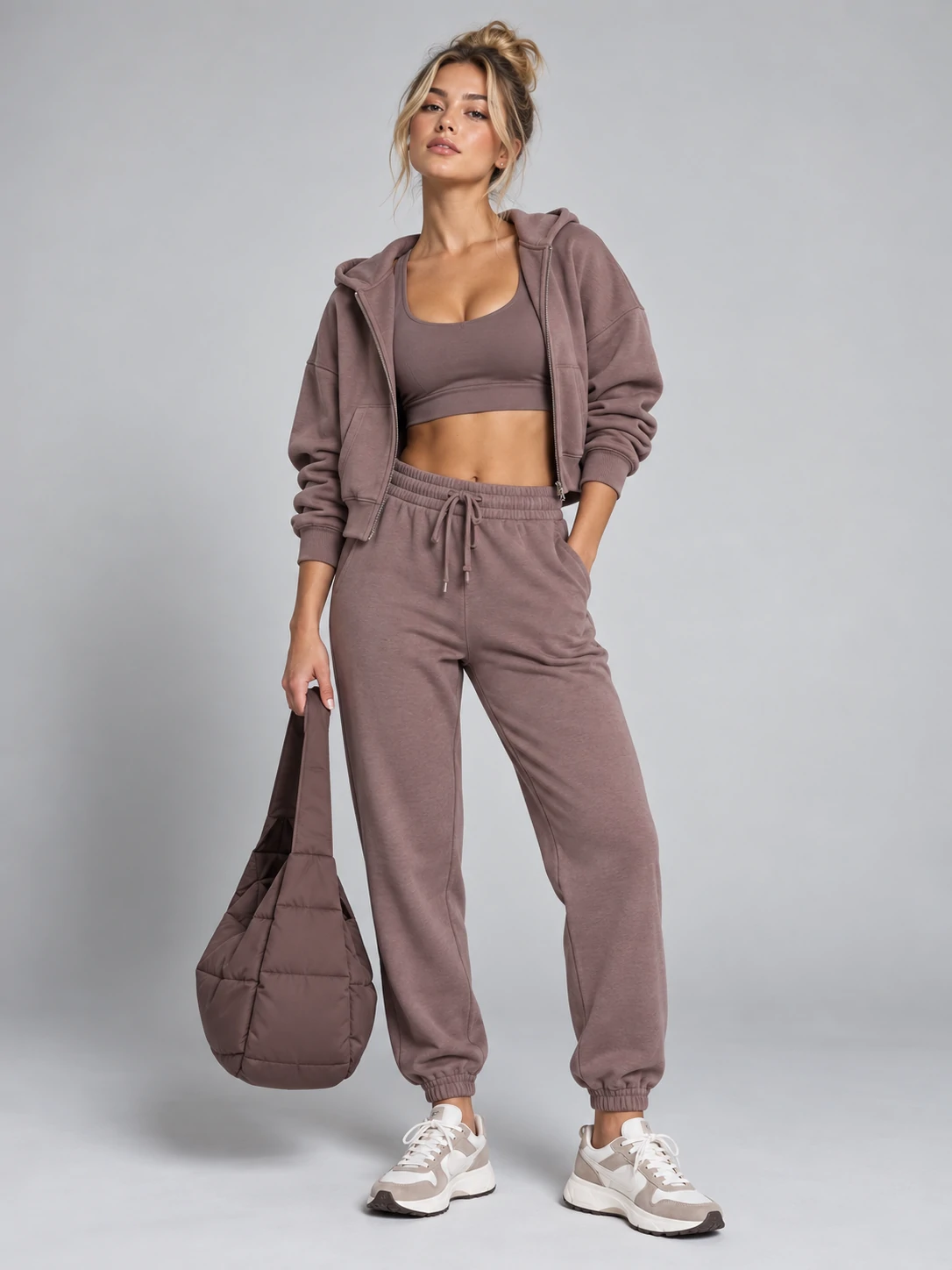 Female model wearing a mauve zip-up hoodie, sports bra and jogger pants for women’s custom activewear and athleisure wear