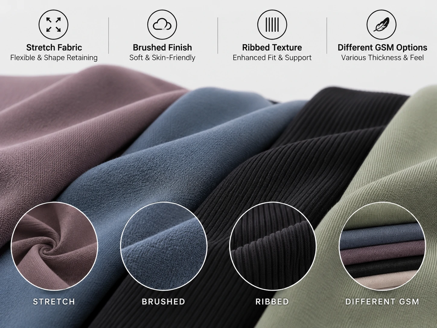 Activewear fabric options showing stretch, brushed and ribbed textures with different GSM weights for custom gymwear production