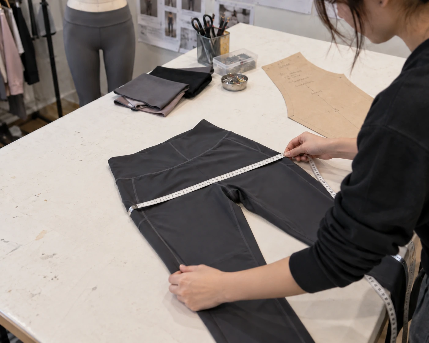 Worker measuring women’s activewear leggings with a tape measure during custom gymwear sample development and quality control