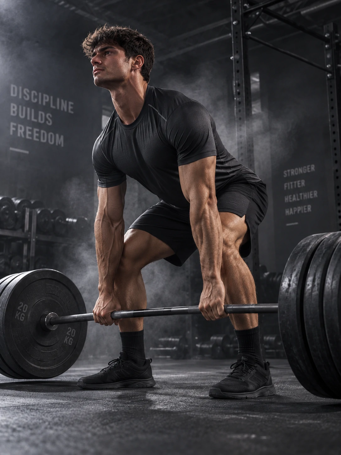 Male athlete performing a barbell deadlift while wearing a black performance T-shirt and training shorts for men’s gymwear