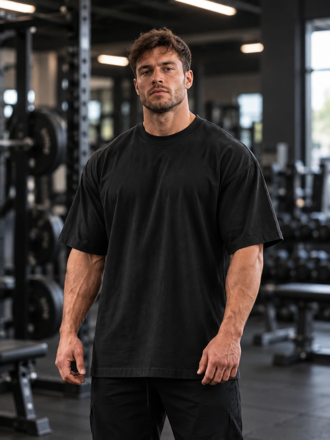 Male fitness model wearing an oversized black gym T-shirt in a training environment for men’s custom activewear
