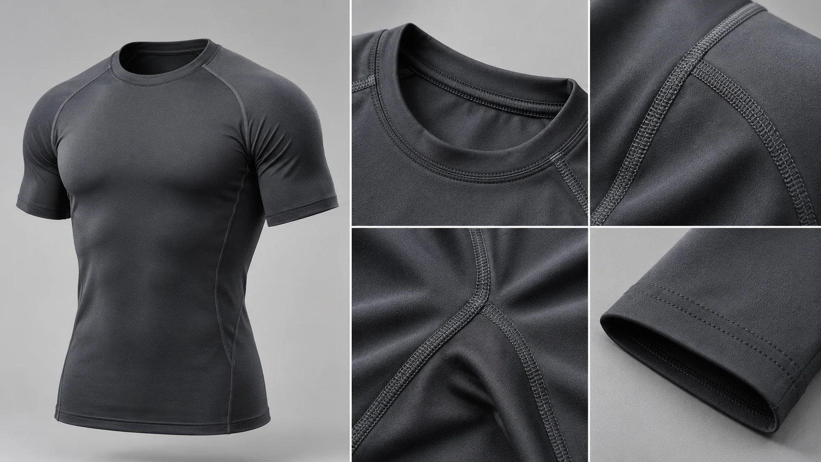 Men’s compression gym T-shirt showing reinforced flatlock seams, crew neck, raglan shoulders and sleeve stitching for custom activewear production