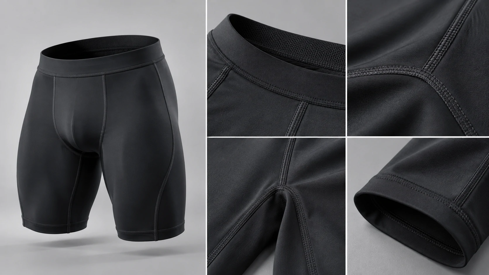 Men’s black compression shorts showing reinforced flatlock seams, waistband construction and leg hem details for custom gymwear production