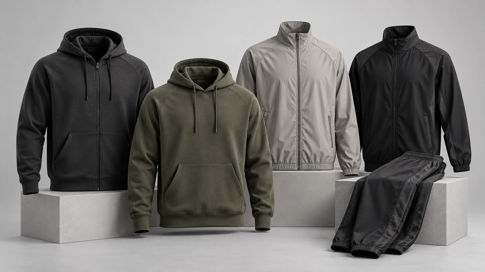 Men’s custom activewear collection featuring hoodies, lightweight zip jackets and training pants for gymwear and sportswear production