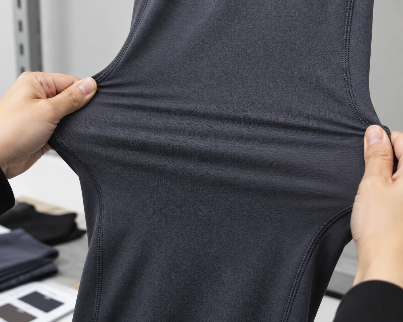 Hands stretching black activewear fabric to demonstrate elasticity, recovery and reinforced seam construction for custom gymwear production