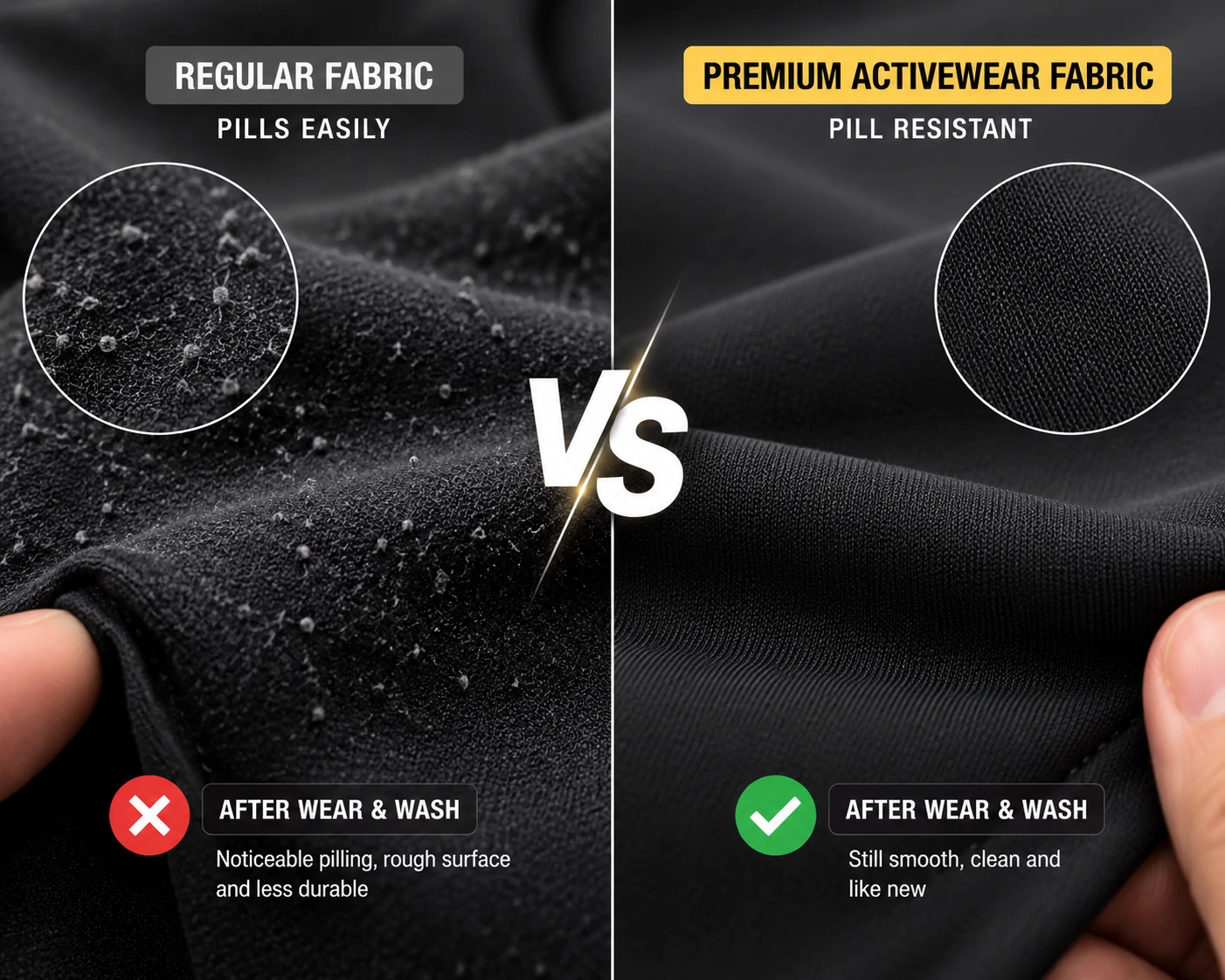 Comparison of regular fabric with visible pilling and premium activewear fabric with a smooth pill-resistant surface after wear and washing