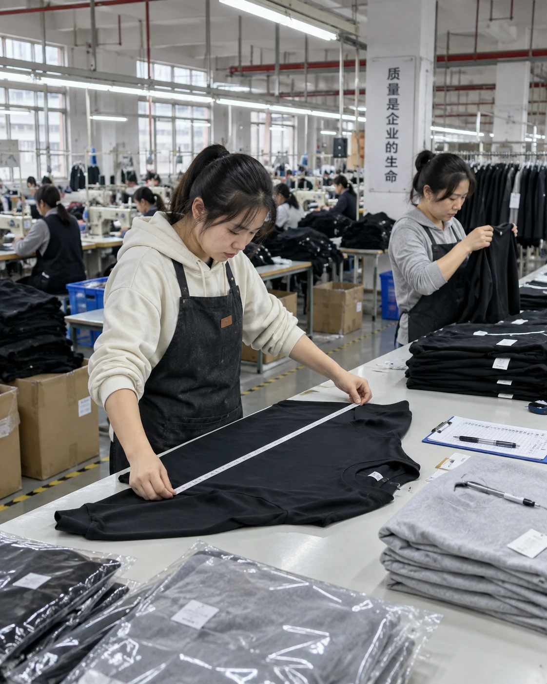 Workers measuring and inspecting black activewear garments during factory quality control before packing and shipment