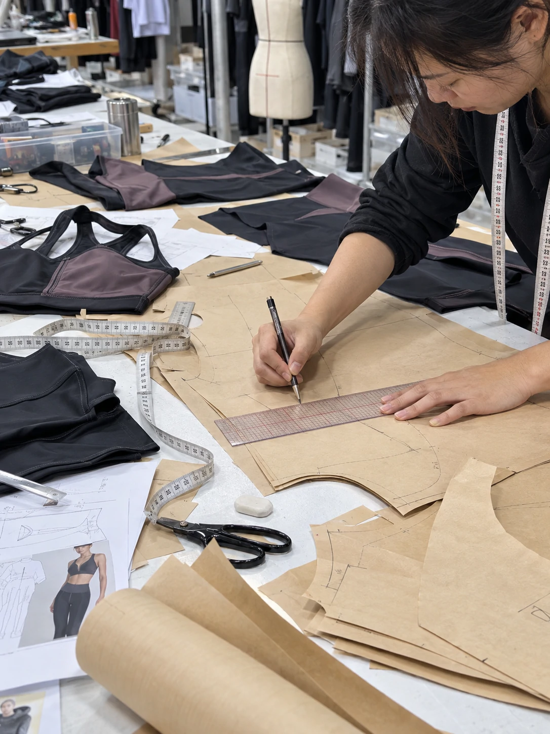 Pattern maker drafting paper patterns for sports bras and leggings during custom activewear sample development