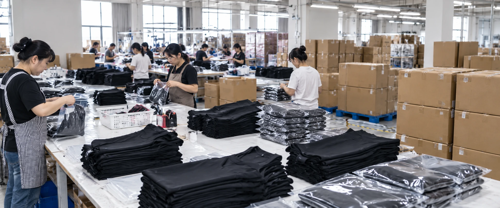 Workers packing and organizing custom activewear garments in a factory before final shipment and order dispatch