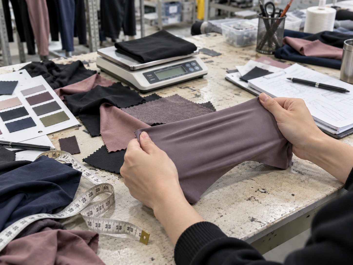 Hands stretching mauve activewear fabric to evaluate elasticity, recovery and fabric quality during custom gymwear development