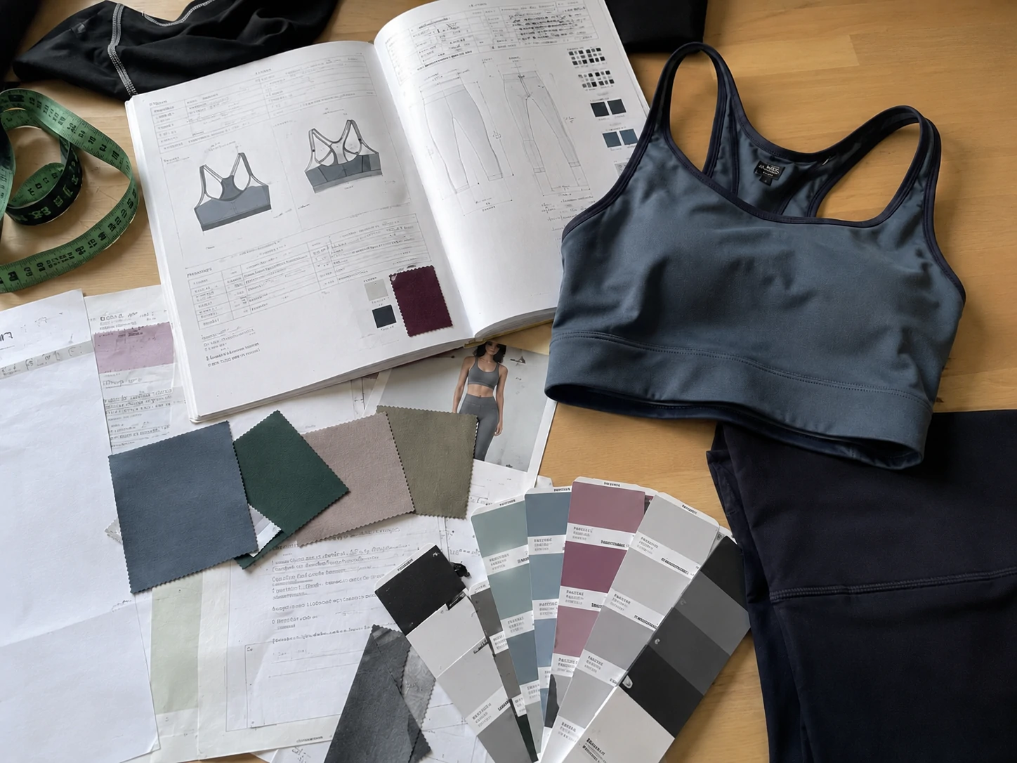 Custom gymwear product development with sports bra, tech packs, fabric swatches and color cards