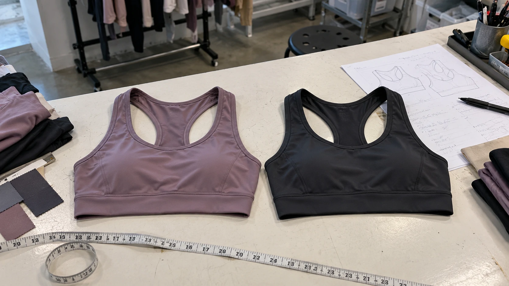 Mauve and black sports bra samples with tech pack, fabric swatches and measuring tape during custom activewear product development