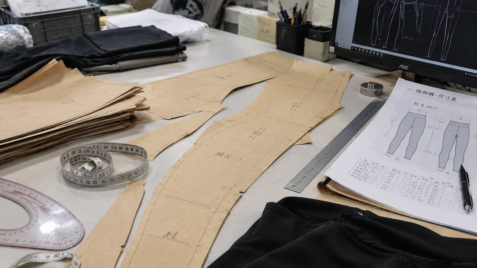Activewear leggings pattern pieces, measurement sheet and digital pattern design used during custom gymwear product development