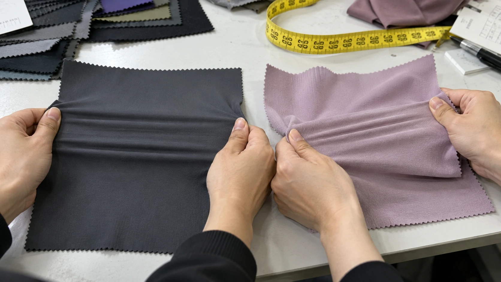 Hands comparing the stretch and recovery of black and mauve activewear fabric swatches during custom gymwear material testing