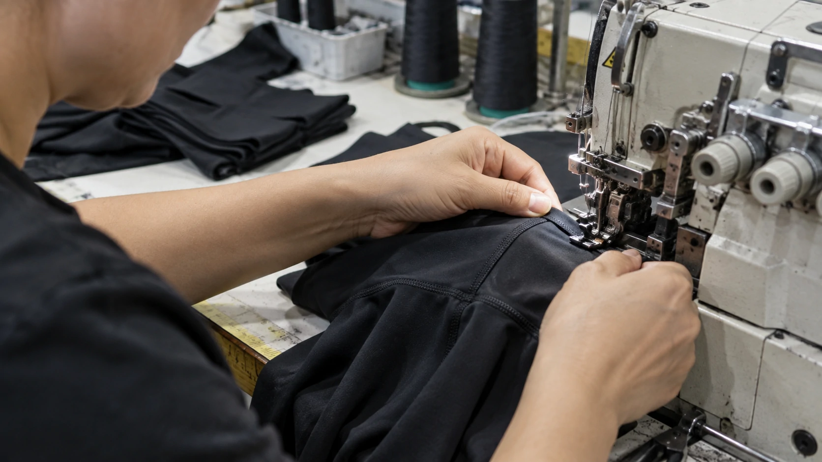 Worker sewing reinforced seams on black activewear using an industrial sewing machine during custom gymwear production