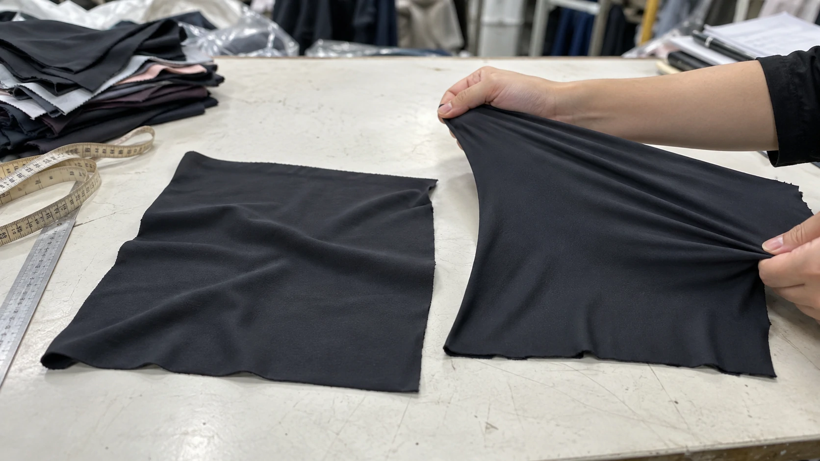 Hands stretching black activewear fabric samples to compare elasticity and recovery during custom gymwear material testing