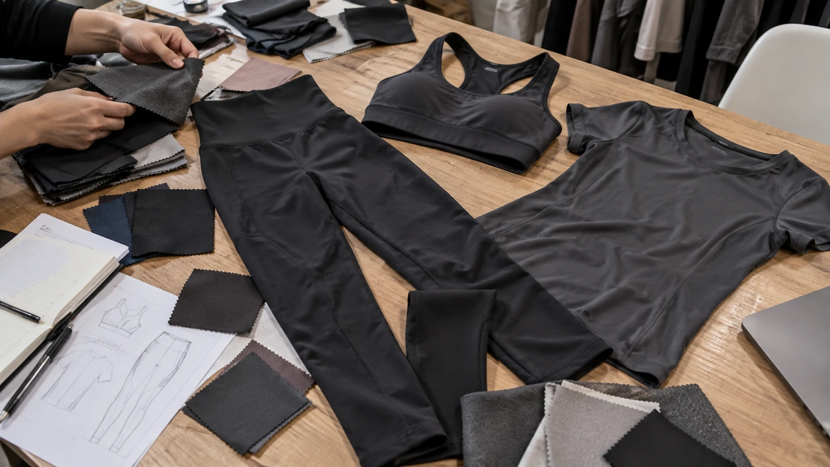 Custom activewear samples including leggings, sports bra and training top displayed with fabric swatches during gymwear product development