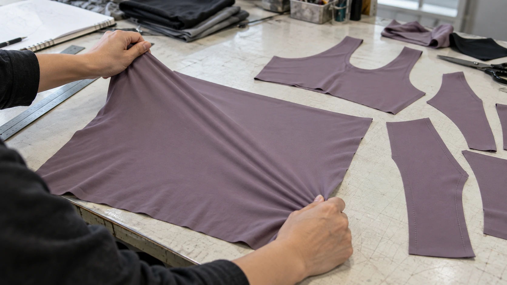 Hands stretching mauve activewear fabric panels to check elasticity and recovery before custom sportswear sewing and sample production