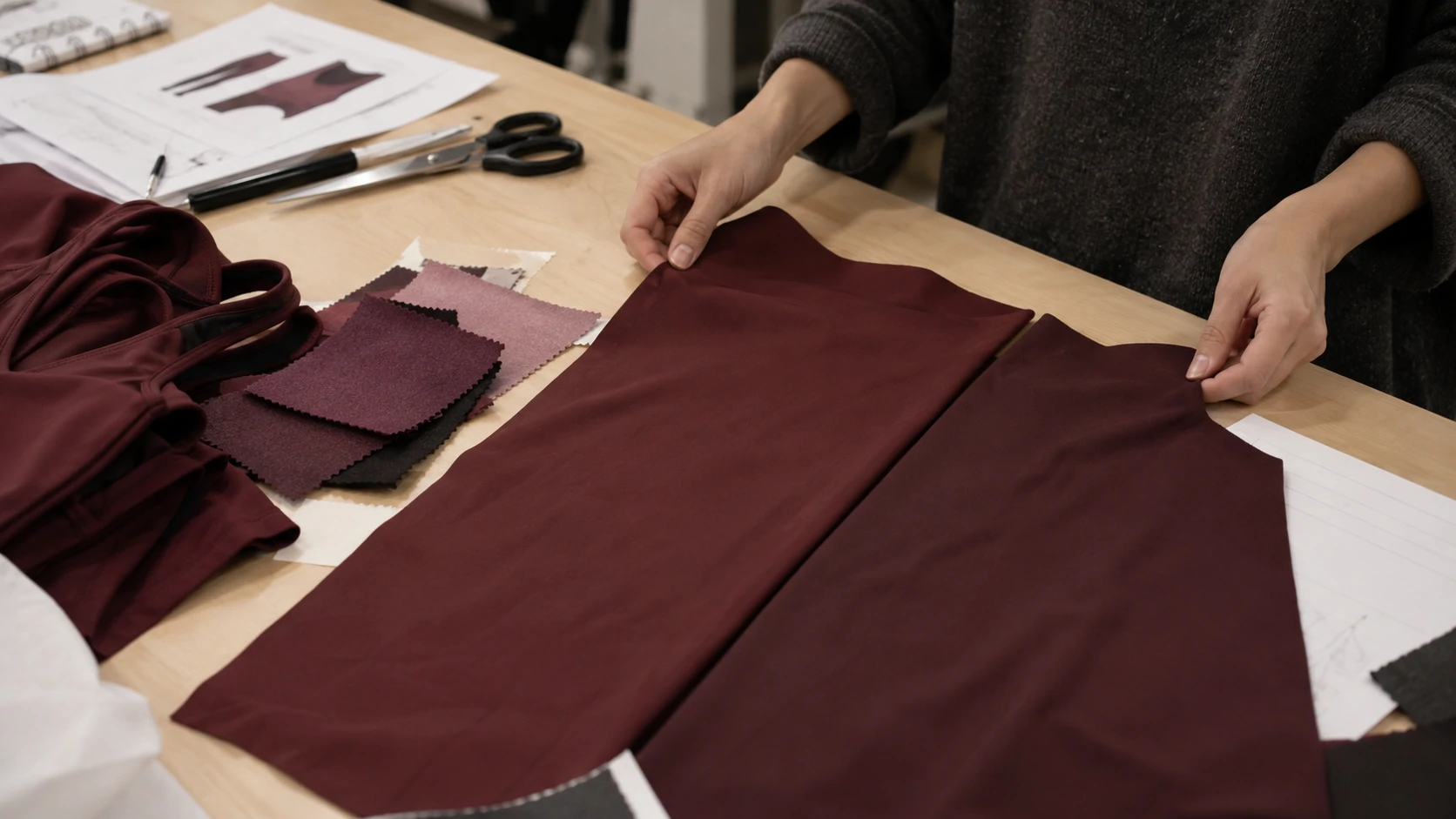 Burgundy activewear fabric panels and matching swatches being reviewed during custom sportswear sample and color development