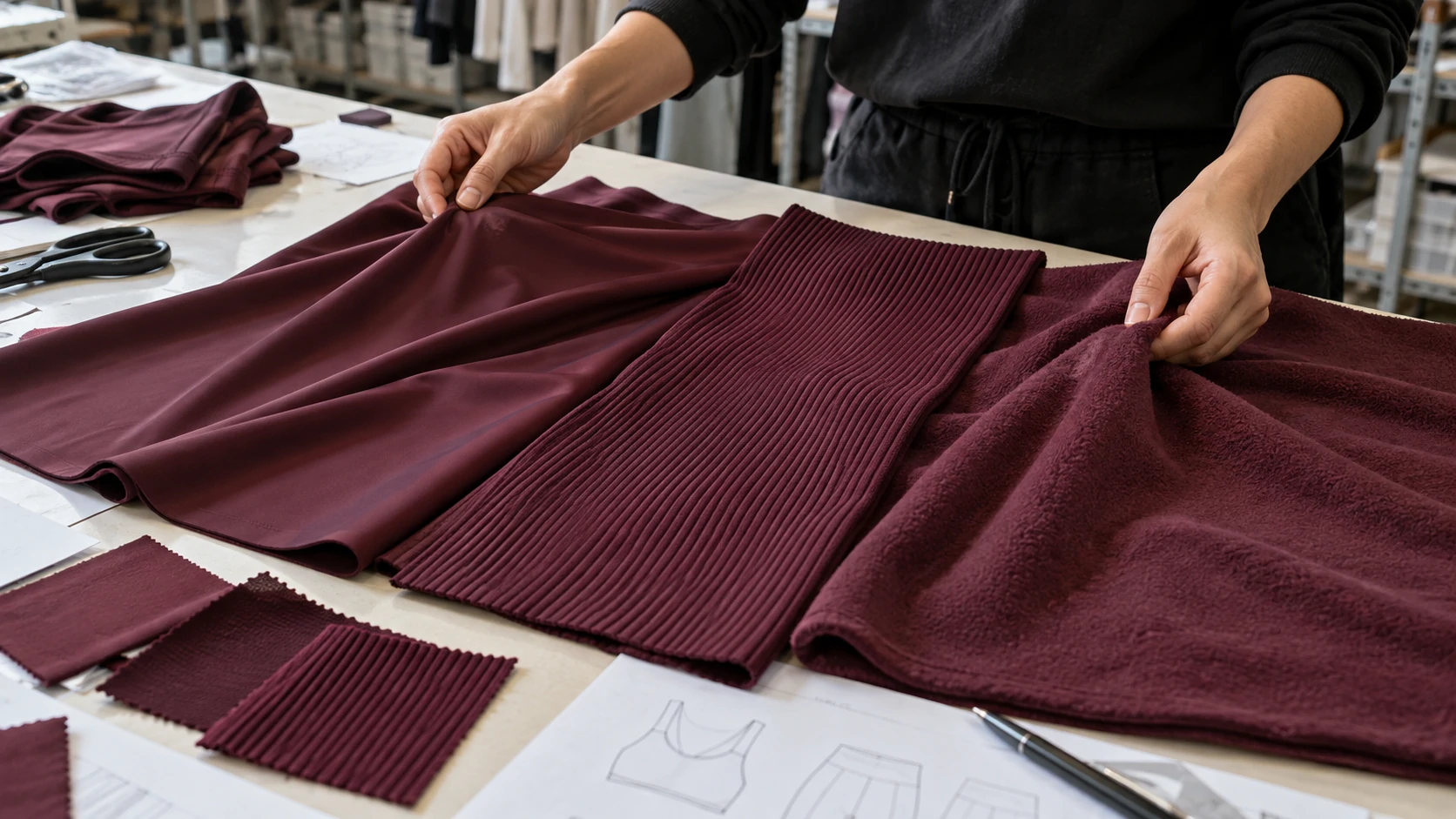 Burgundy activewear fabrics with smooth, ribbed and brushed textures being compared during custom sportswear material development