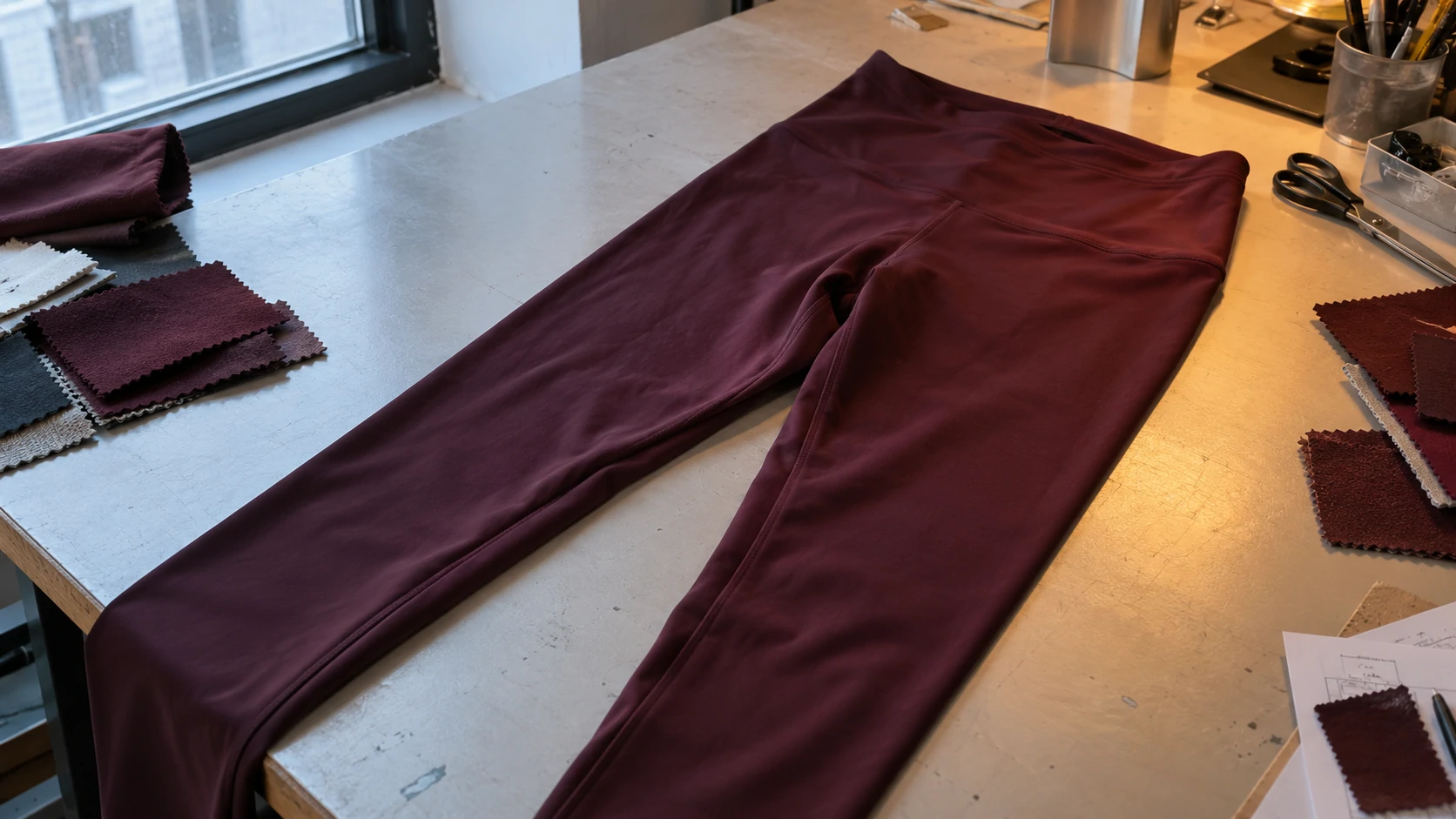 Burgundy activewear leggings checked under natural window light and indoor lighting to compare fabric color appearance during sample development