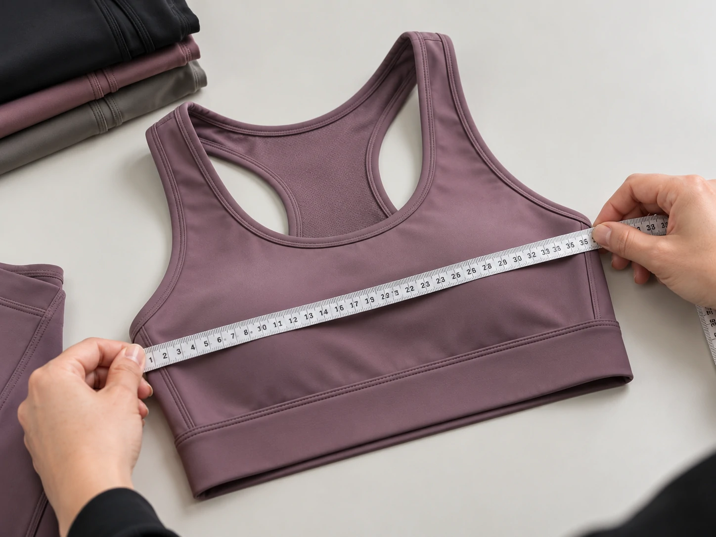 Measuring the width of a mauve sports bra sample with a tape measure during custom activewear quality control