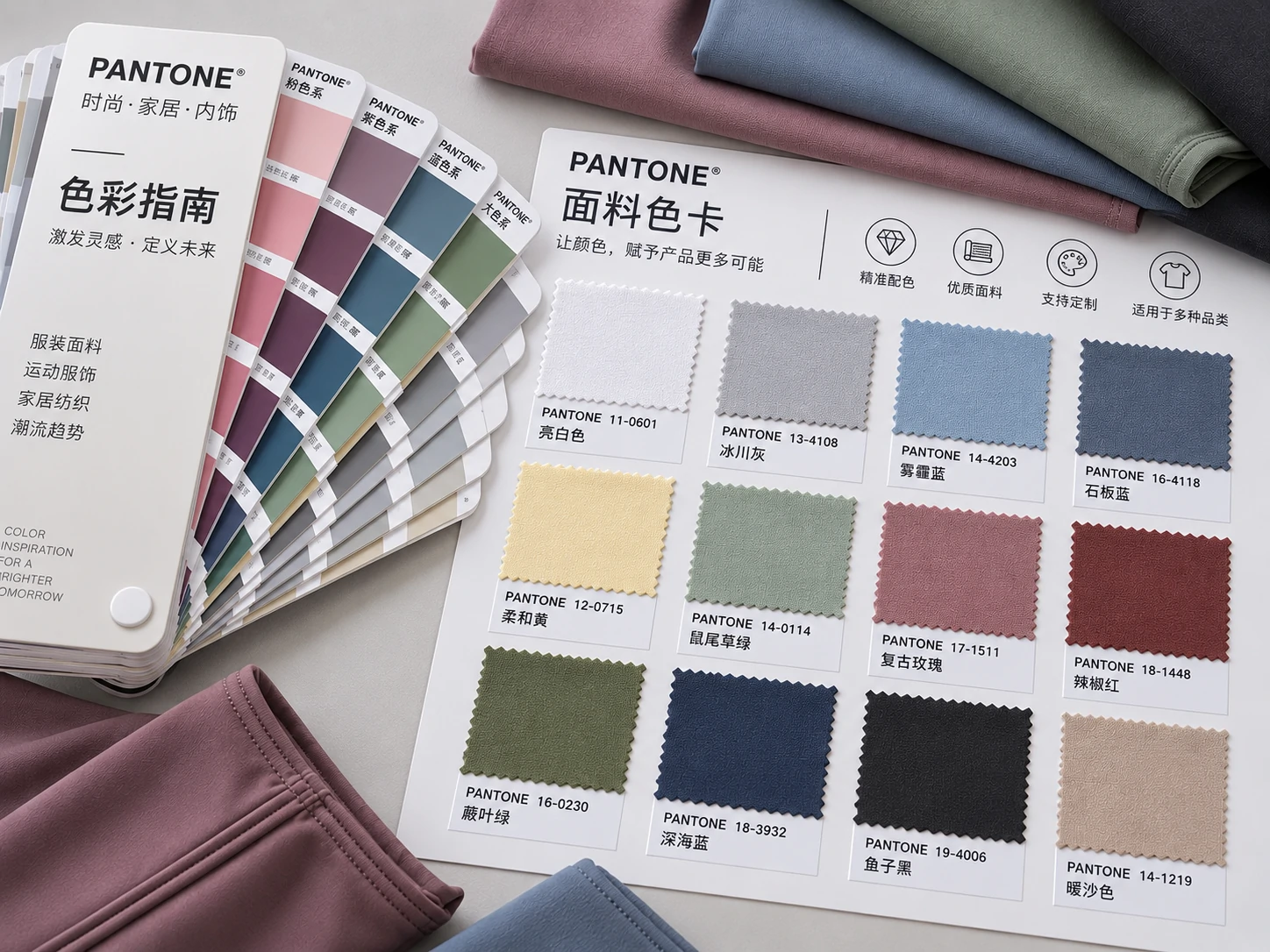 Pantone fabric color swatches and activewear fabrics used for custom sportswear color selection and product development