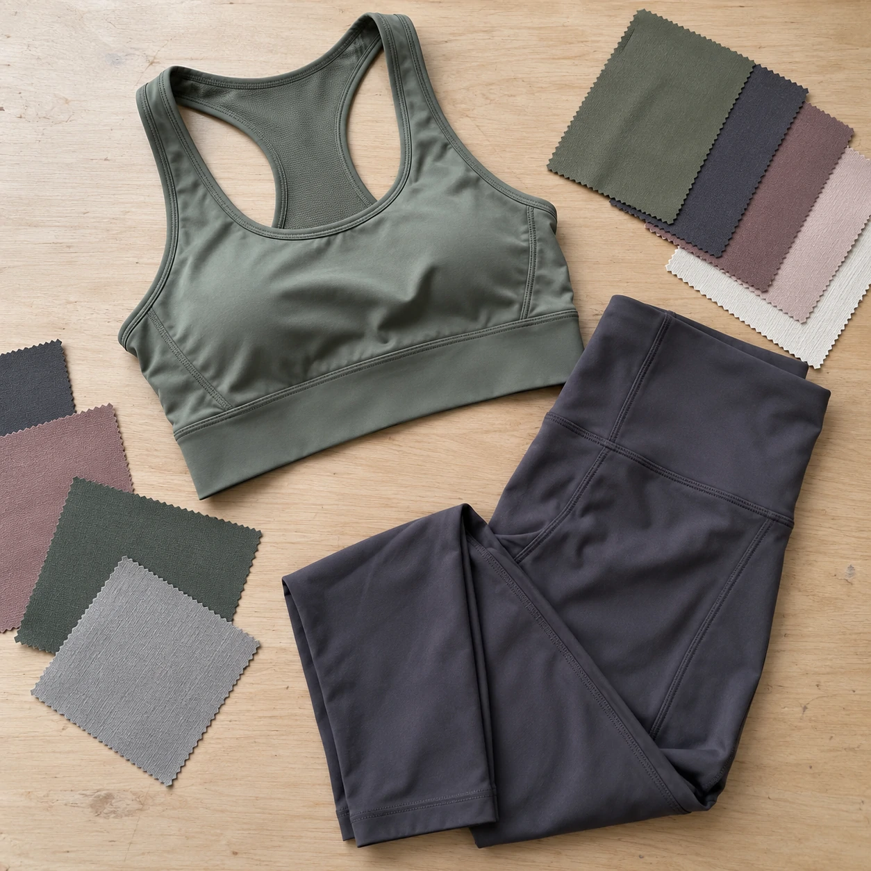 Custom women’s activewear set with sports bra, high-waisted leggings and fabric swatches for gymwear product development