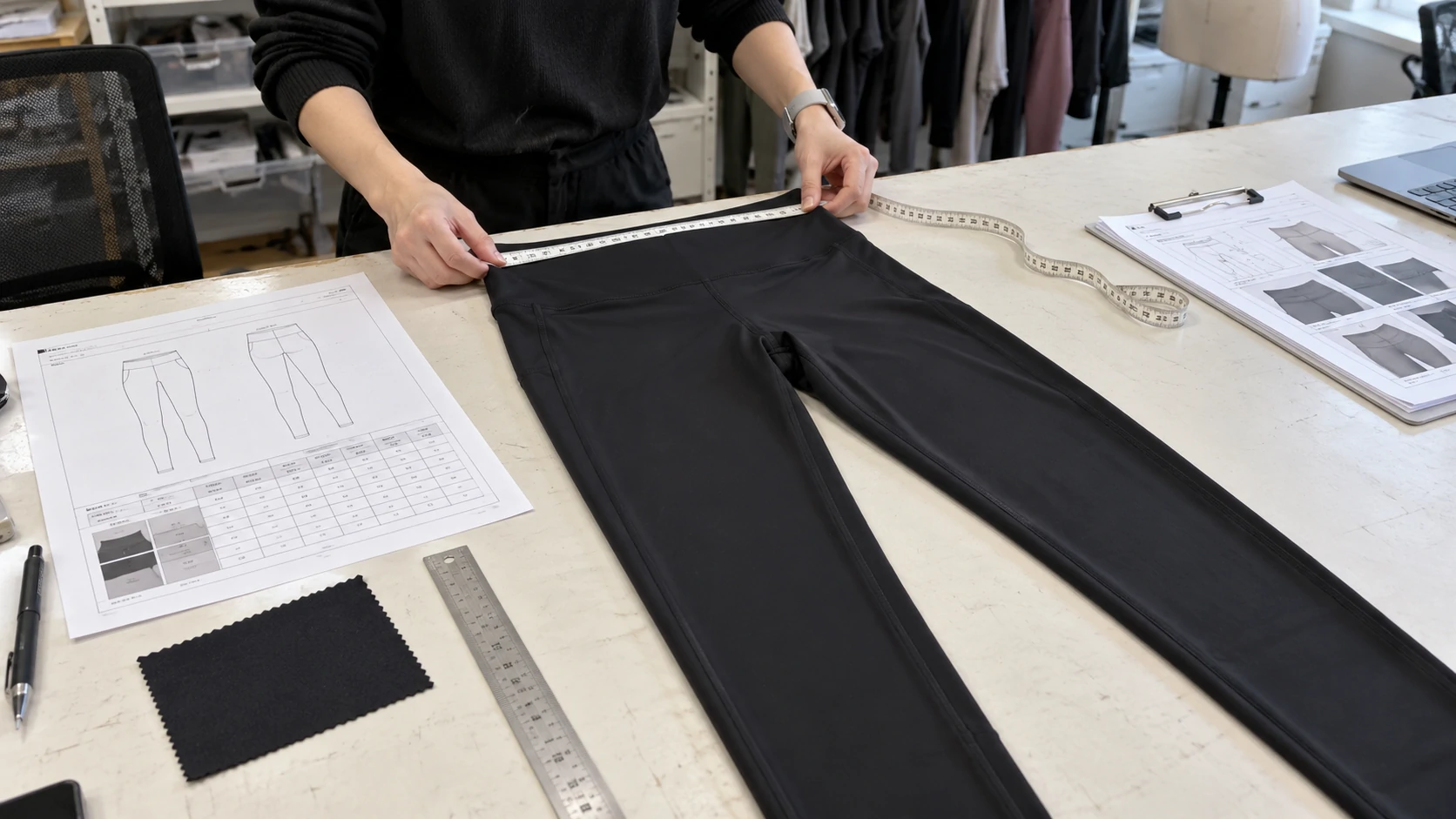 Worker measuring black activewear leggings against a tech pack and measurement chart during sample inspection and quality control