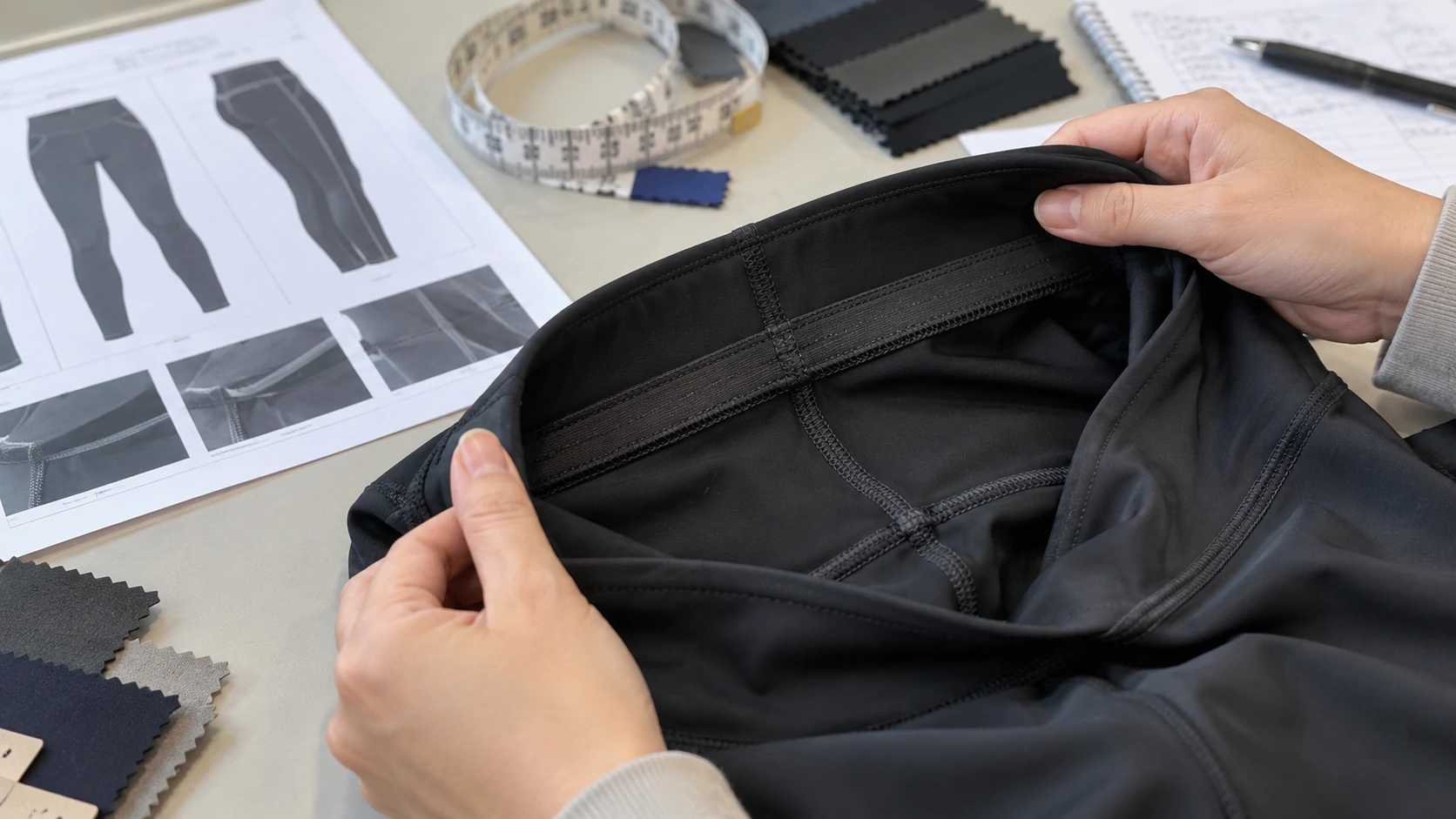 Close-up inspection of black activewear leggings waistband construction, inner elastic and seam finishing during sample quality control