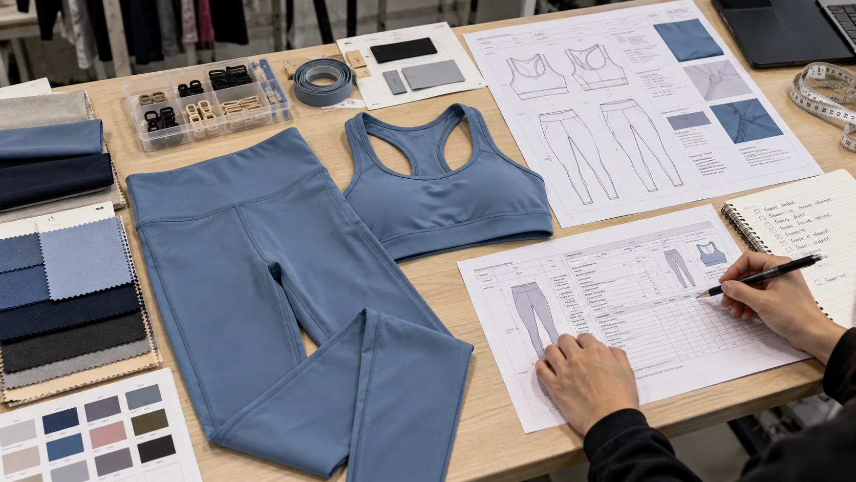 Blue activewear leggings and sports bra reviewed with tech pack, measurement sheet, fabric swatches and trims during custom gymwear development
