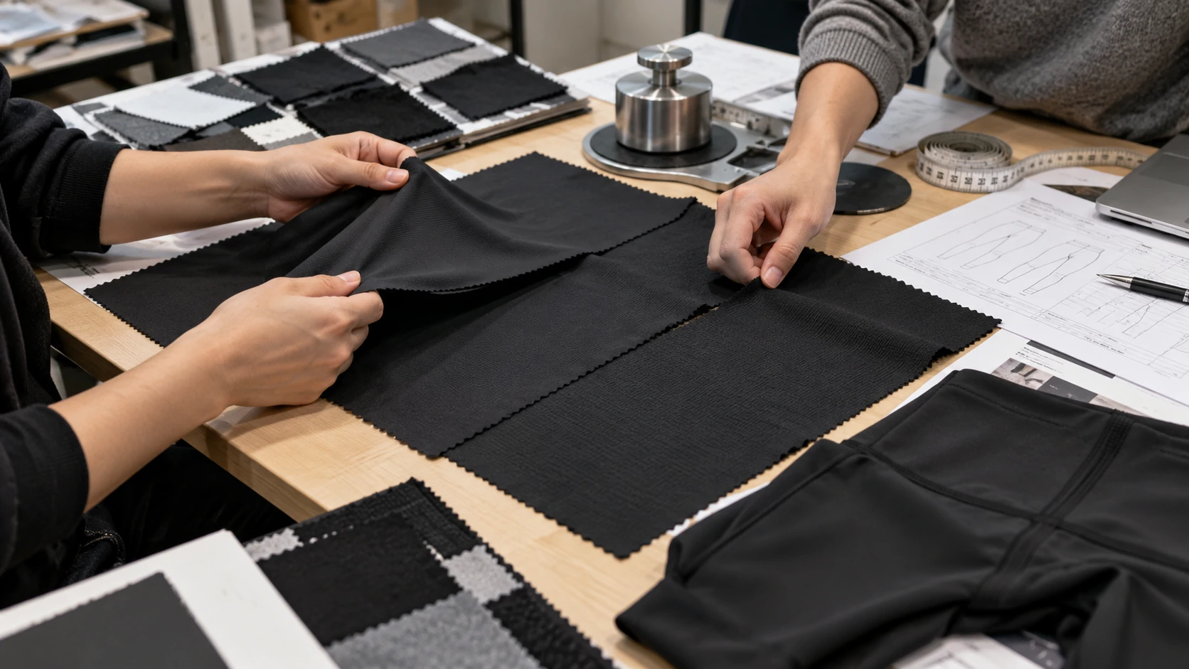 Black activewear fabric swatches being compared for stretch, texture and performance during custom gymwear material selection and product development