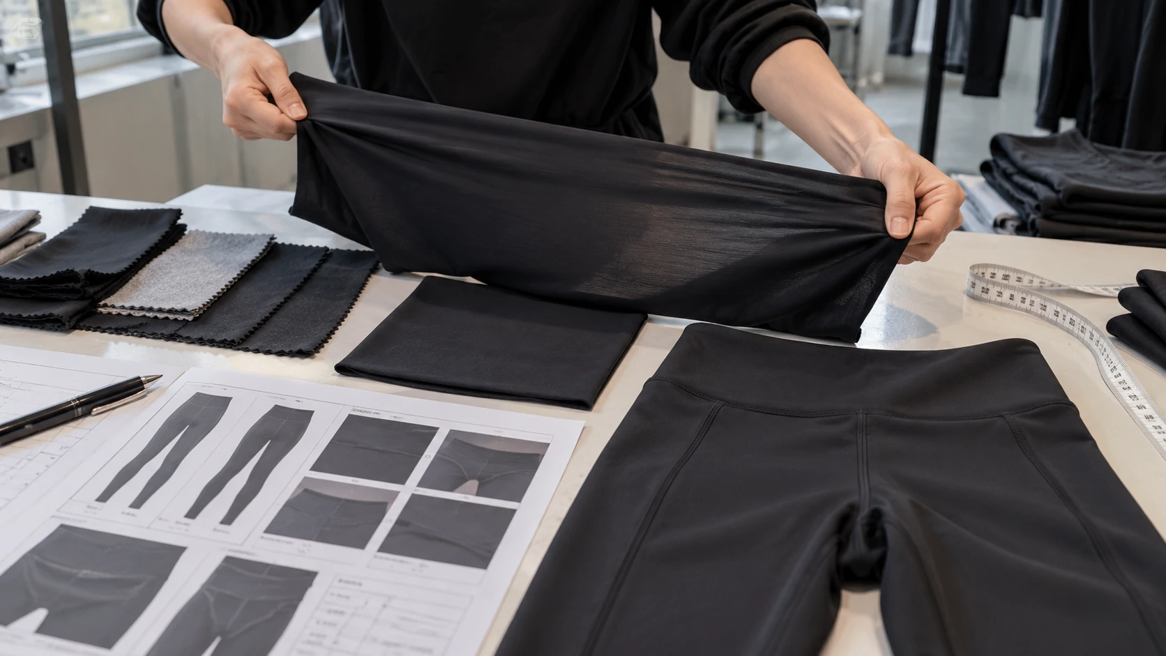 Worker stretching black activewear fabric to check opacity, elasticity and recovery beside a leggings sample and tech pack during product development