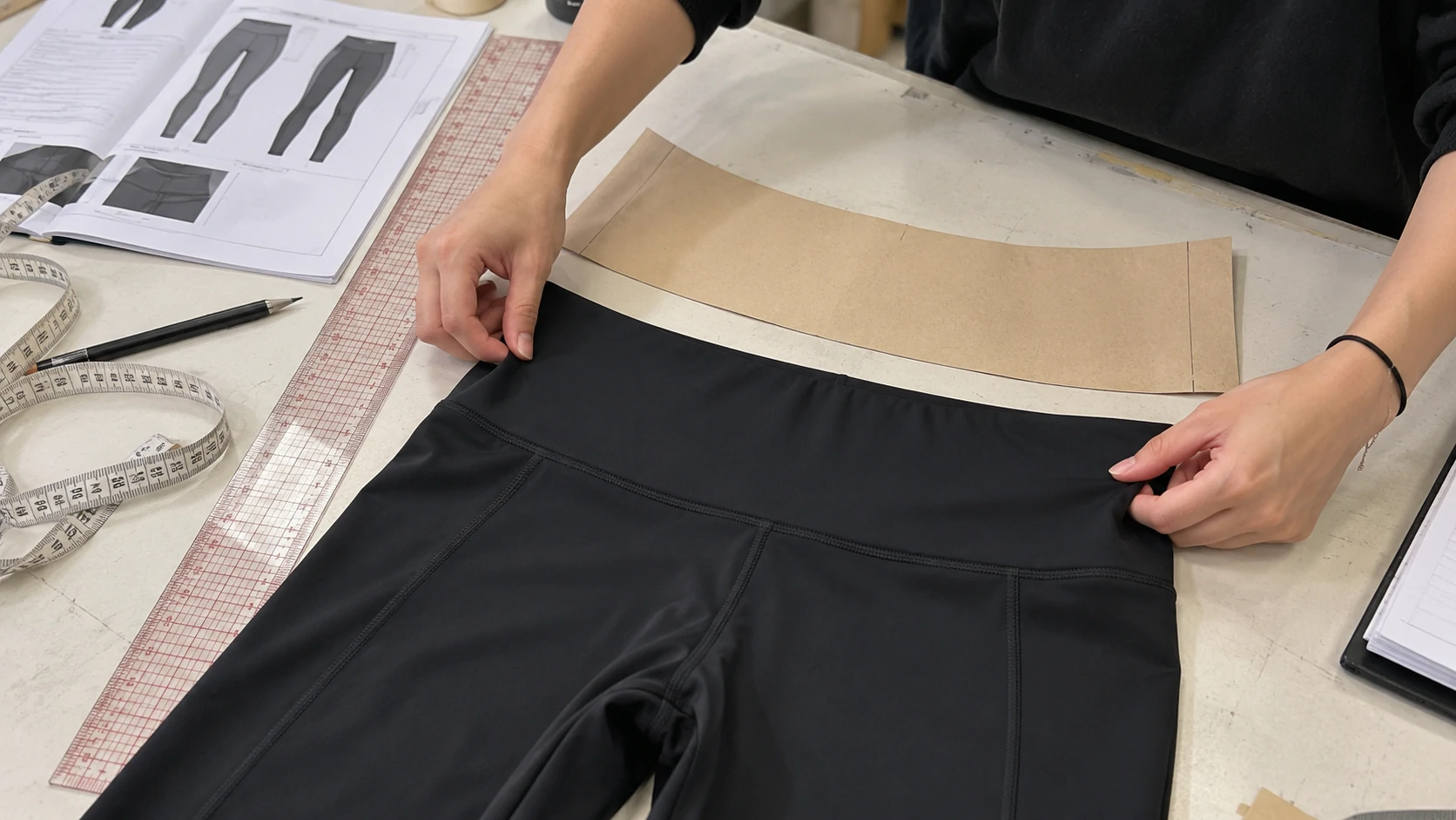 Designer checking the waistband shape and construction of black activewear leggings against a paper pattern and tech pack during sample development
