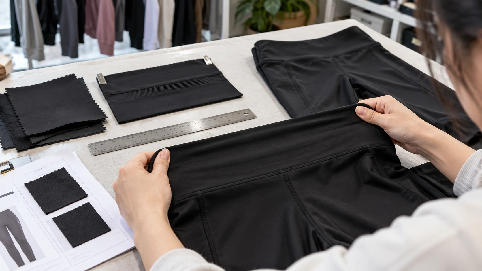 Quality check of black activewear leggings waistband stretch, seam construction and fabric performance during product development