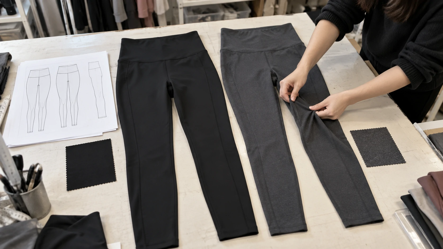 Side-by-side comparison of black and gray activewear leggings samples to check fabric stretch, fit and construction during product development