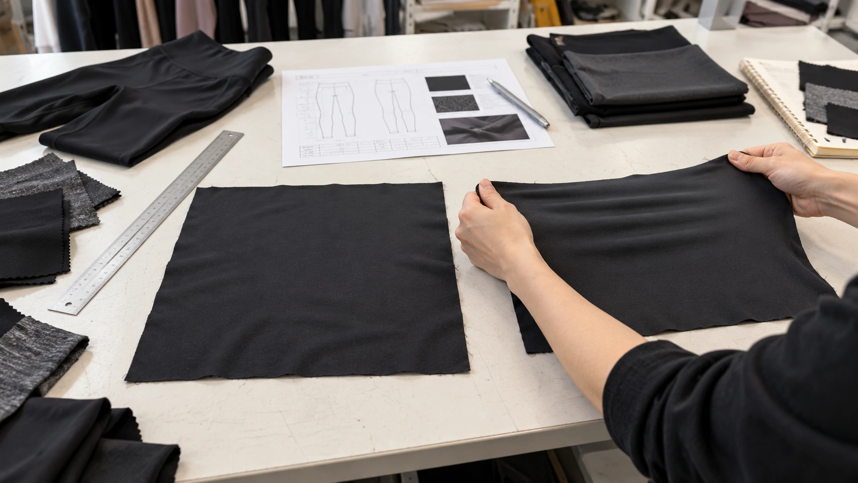 Testing black activewear fabric stretch and recovery to evaluate elasticity, shape retention and performance before leggings production