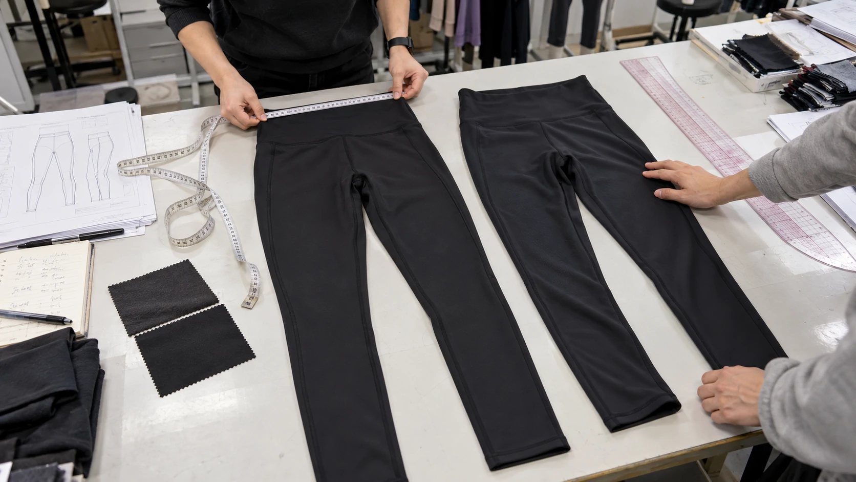 Comparing and measuring black activewear leggings samples to check waistband dimensions, sizing consistency and construction before bulk production