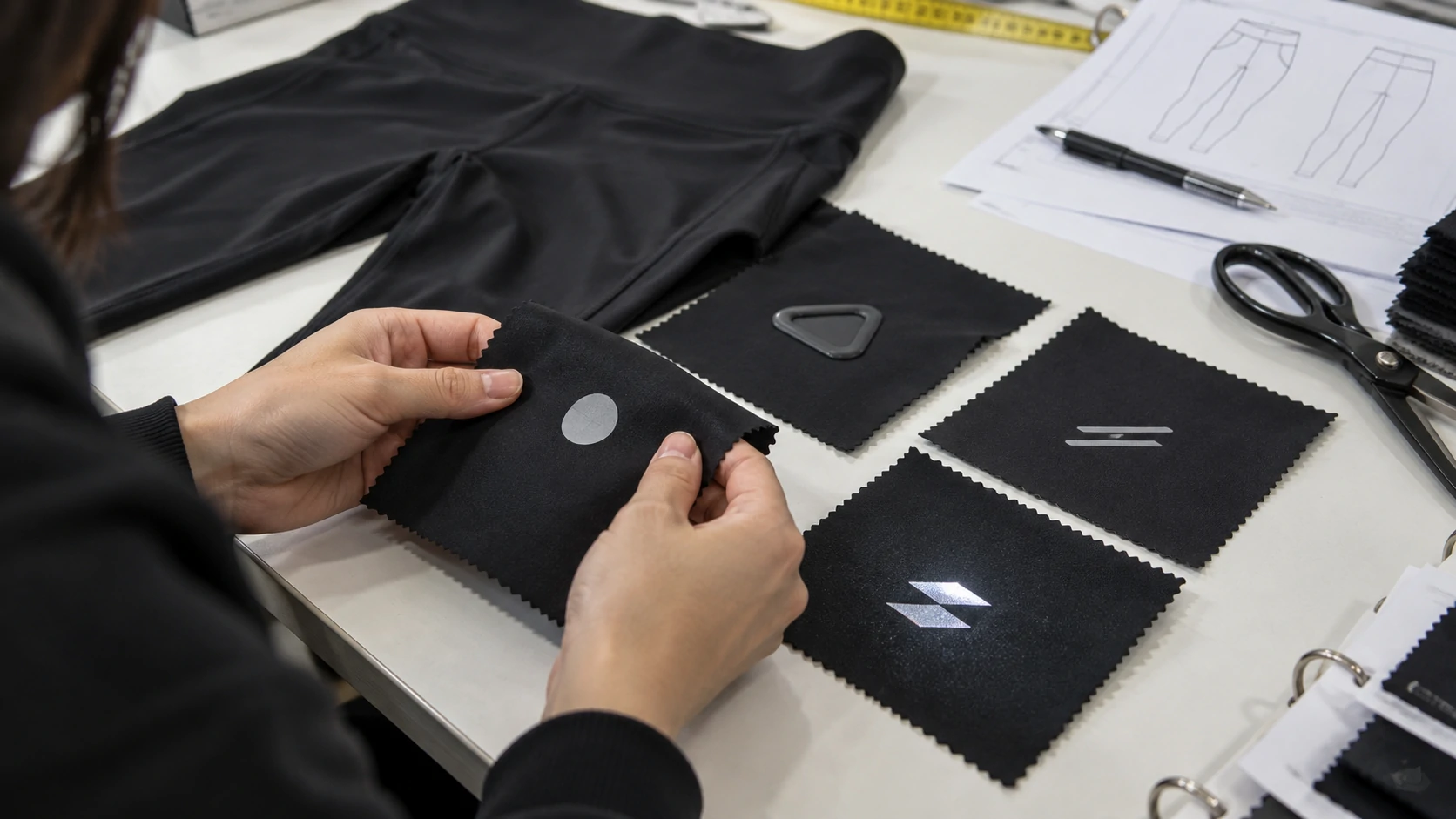 Testing different logo and branding application methods on black activewear fabric to evaluate appearance, adhesion and finish before production