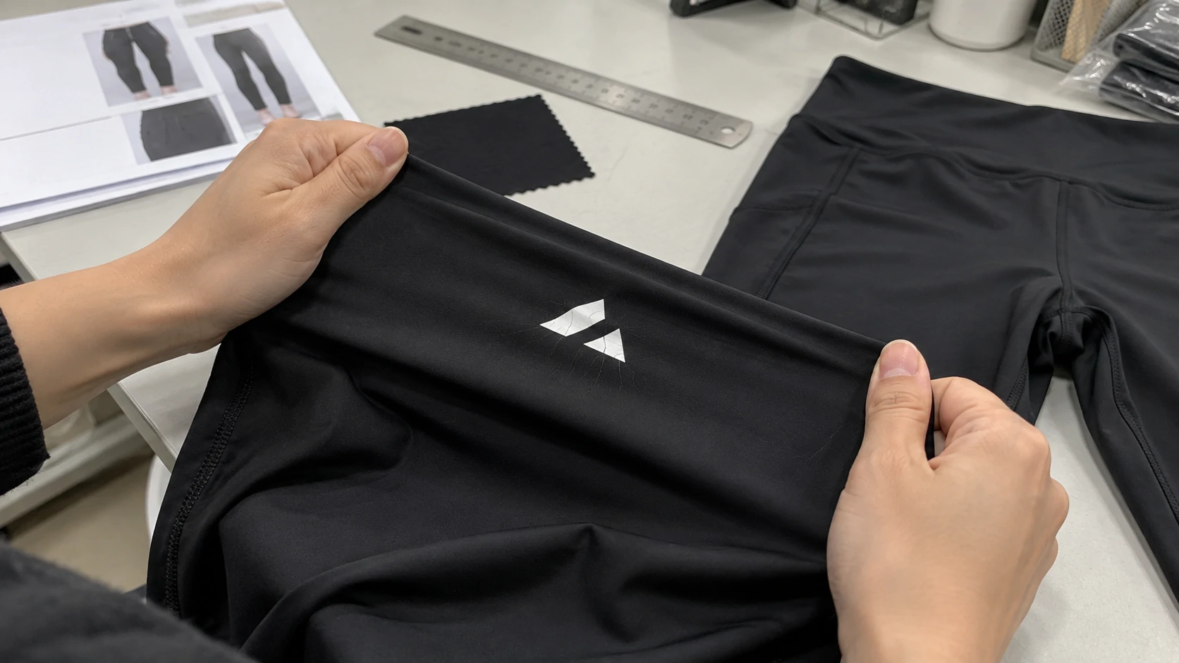 Activewear manufacturer testing a custom logo on black leggings under fabric stretch to check adhesion and durability before bulk production