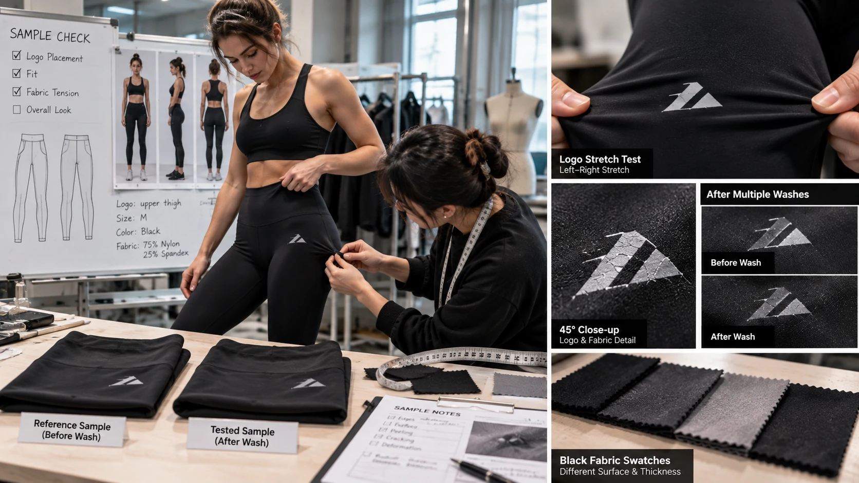 Activewear manufacturer checking logo placement, stretch performance and wash durability on custom black leggings before approving the sample for bulk production