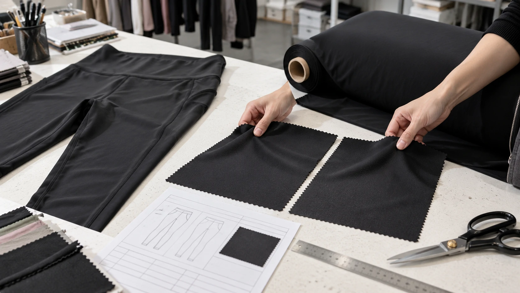 Activewear manufacturer comparing black stretch fabric swatches and material rolls for custom leggings development before sample production