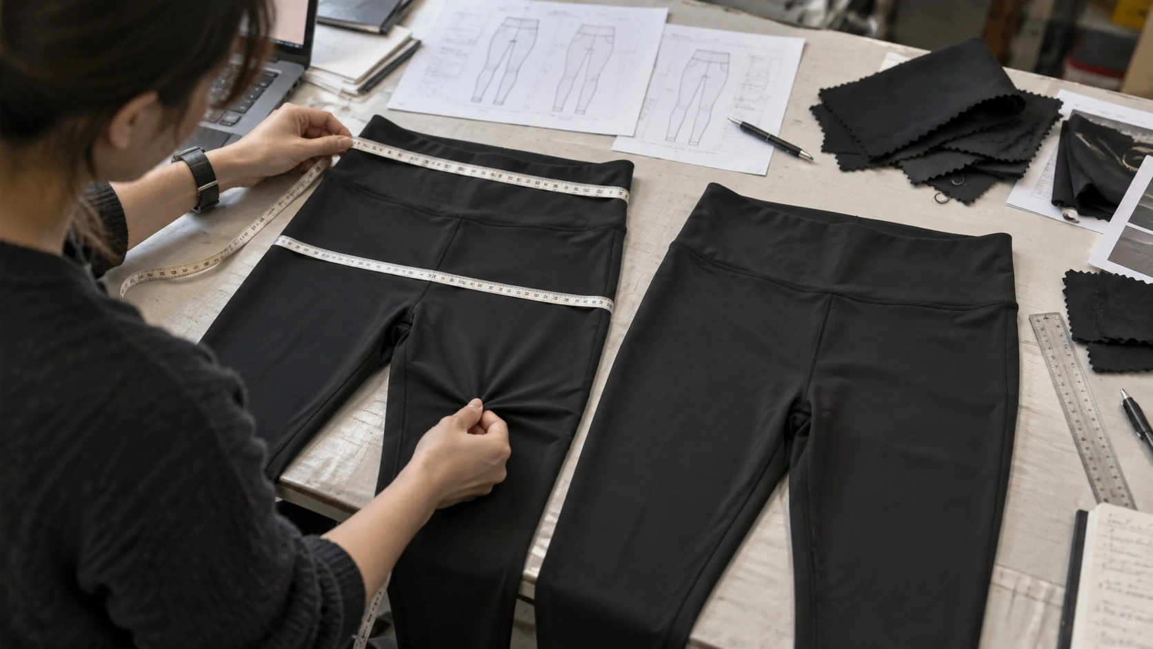 Activewear manufacturer measuring and comparing custom black leggings samples to verify waistband, hip and fit specifications before bulk production