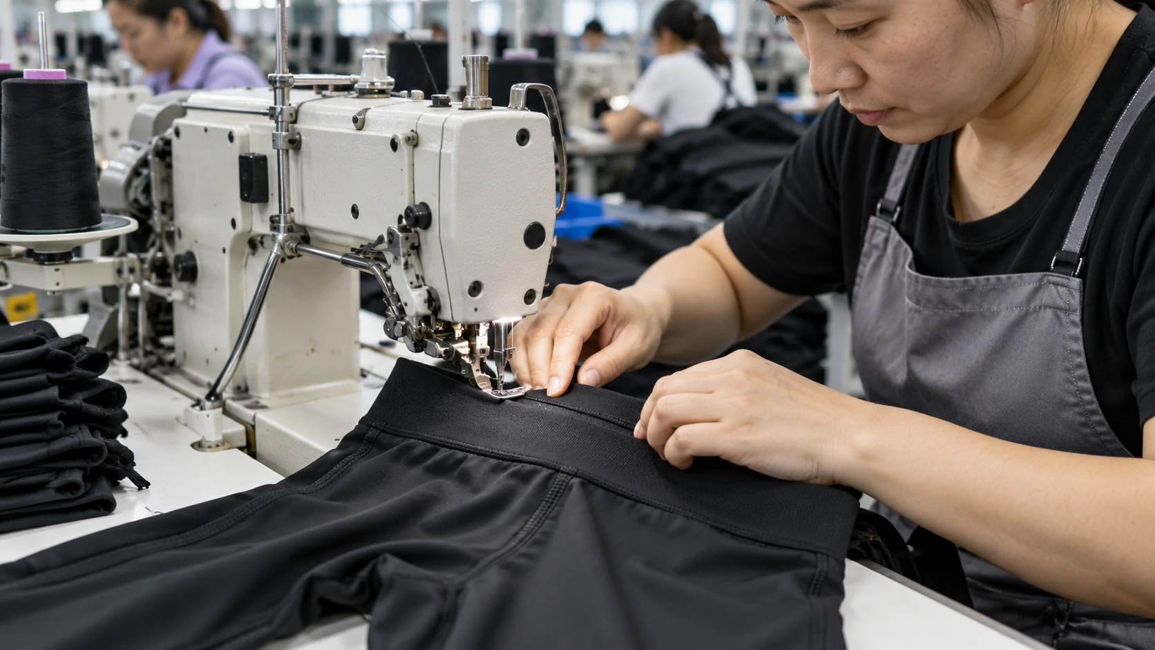 Activewear manufacturer sewing the waistband of custom black leggings in a garment factory to ensure secure construction and consistent quality before bulk production