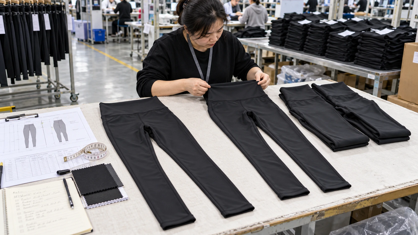 Activewear manufacturer inspecting black leggings during bulk production to check waistband construction, fit consistency and overall garment quality before shipment