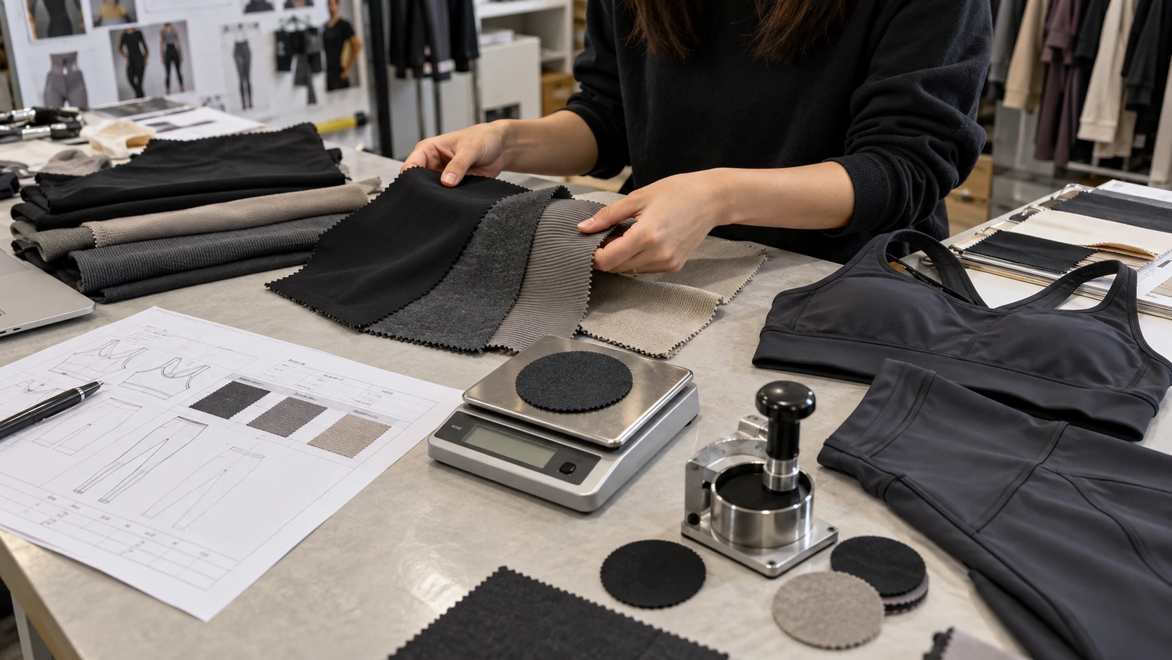 Activewear manufacturer comparing stretch fabric swatches and testing fabric weight for custom sports bras and leggings before sample development