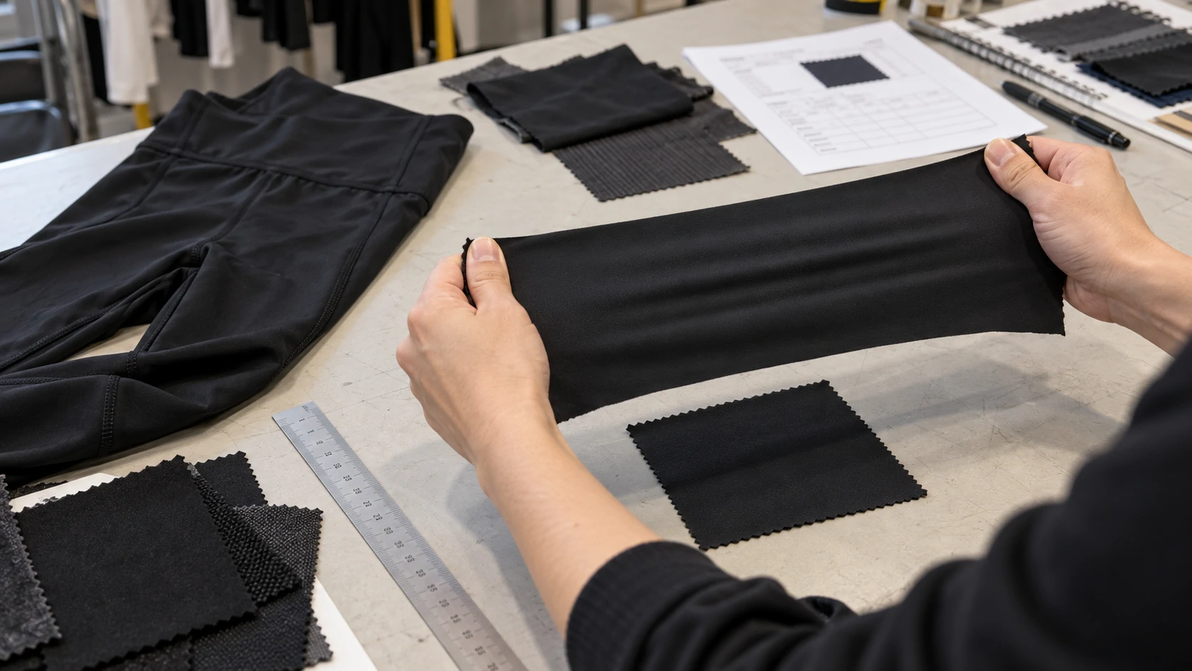 Activewear manufacturer testing black stretch fabric for elasticity and recovery during custom leggings development before sample and bulk production