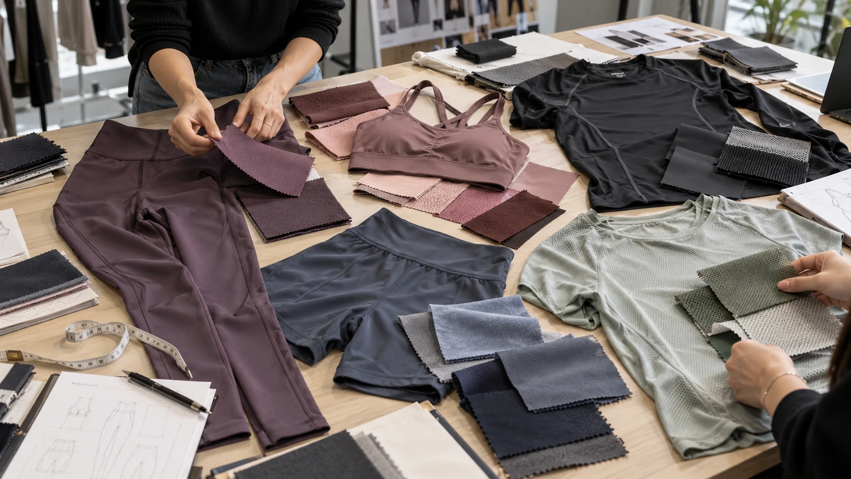 Activewear manufacturer reviewing performance fabric swatches for custom leggings, sports bras, shorts and workout tops during OEM product development.