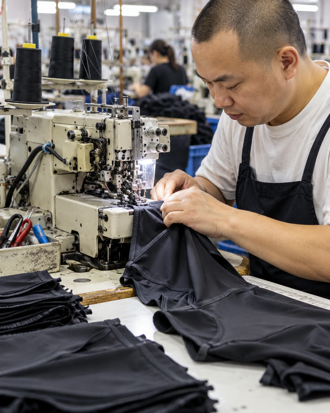 Activewear factory worker sewing stretch compression garment on an industrial sewing machine